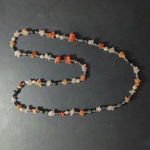 Black Hematite Pink Rose Quarter Orange Carnelian Gemstone Statement Necklace